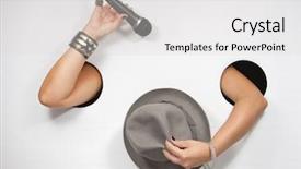  Presentation with microphone - Colorful PPT layouts enhanced with scenario - female hands with microphone backdrop and a light gray colored foreground