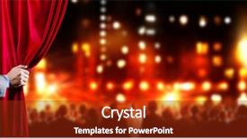  Presentation with red curtain - Amazing PPT theme having scenario - hand of businessman opening red backdrop and a tawny brown colored foreground
