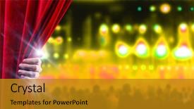  Presentation with red curtain - Beautiful slide set featuring scenario - hand of businessman opening red backdrop and a  colored foreground