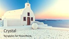  Presentation with santorini - Audience pleasing theme consisting of scenary - image of oia santorini backdrop and a soft green colored foreground