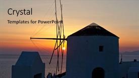  Presentation with sunset drinks - Beautiful presentation design featuring scenary - oia mill at sunset santorini backdrop and a coral colored foreground