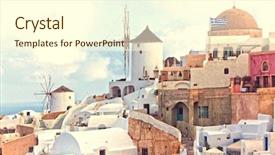  Presentation with crisis in greece - Presentation theme consisting of scenary - oia view santorini island greece background and a  colored foreground