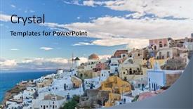  Presentation with green town cities - Slide deck having scenary - view of oia town background and a  colored foreground