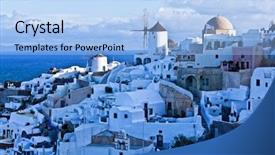  Presentation with green town cities - Audience pleasing PPT theme consisting of scenary - view of oia town backdrop and a  colored foreground