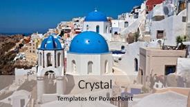  Presentation with green town cities - Slide set having scenary - view of oia town background and a  colored foreground