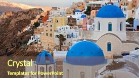  Presentation with green town cities - Audience pleasing presentation design consisting of scenary - view of oia town backdrop and a  colored foreground