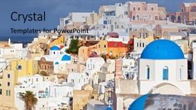  Presentation with santorini - Presentation theme with scenary - view of oia town background and a  colored foreground