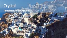  Presentation with santorini - Slide deck having scenary - view of oia town background and a  colored foreground