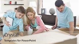  Presentation with boxes - Colorful PPT layouts enhanced with scene 1 scene 2 - family unpacking cardboard boxes backdrop and a soft green colored foreground