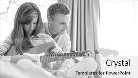  Presentation with electric guitar - Slide deck featuring scene 1 scene 2 - father and daughter playing electric background and a light gray colored foreground