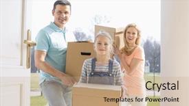  Presentation with new home - Slide deck with scene 1 scene 2 - happy family with cardboard boxes background and a coral colored foreground