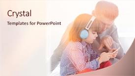  Presentation with music headphones - Colorful slide set enhanced with scene 1 scene 2 - mid adult father with boy backdrop and a cream colored foreground