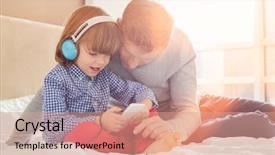  Presentation with music headphones - Slide set featuring scene 1 scene 2 - mid adult father with boy background and a coral colored foreground