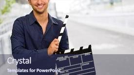  Presentation with clapboard - Colorful slide set enhanced with scene film - happy young man holding clapboard backdrop and a navy blue colored foreground