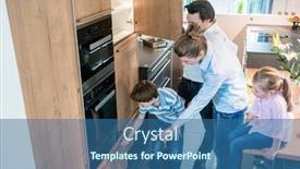  Presentation with family shopping - Audience pleasing slide deck consisting of scene in a kitchen showroom family shopping for a new model looking at the equipment backdrop and a ocean colored foreground