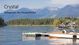  Presentation with mountain water - Presentation theme having scene of a motor boat background and a light blue colored foreground