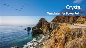  Presentation with route - Theme having scenic arch bridge - viaduct runs along the pacific coast in the sky flies a flock of cranes california state route 1 usa background and a teal colored foreground