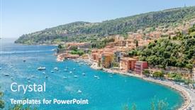  Presentation with scenic - Cool new slide deck with scenic-coastline-view-in-villefranche backdrop and a teal colored foreground