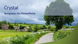  Presentation with england - PPT layouts having scenic country road in england background and a sky blue colored foreground