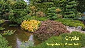  Presentation with garden pond - Audience pleasing presentation design consisting of scenic decorative park butchart garden backdrop and a tawny brown colored foreground