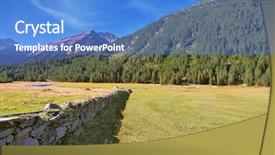  Presentation with blocked - Colorful presentation theme enhanced with scenic farm fields blocked by the stone fence shadow of the low fence beautifully lie on the grass alpine valley in austria national park krimml backdrop and a teal colored foreground