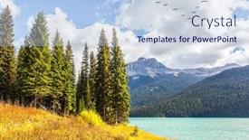  Presentation with birds flying - PPT theme having scenic-gorgeous-emerald-lake-rocky background and a sky blue colored foreground