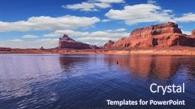  Presentation with powell river - Presentation design featuring scenic huge artificial water basin of the colorado river usa lake powell is surrounded by magnificent sandstone hills a boat trip on a sunny day background and a ocean colored foreground