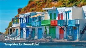  Presentation with windows doors - Presentation theme featuring scenic-picturesque-greek-fishing-village background and a  colored foreground