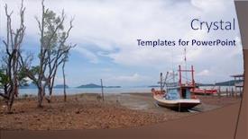  Presentation with tide - Amazing PPT theme having scenic-sea-view-with-fishingboats backdrop and a sky blue colored foreground