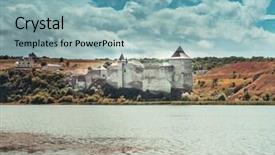  Presentation with rainy day - Beautiful PPT theme featuring scenic view on ukrainian khotyn fortress on a rainy day backdrop and a light blue colored foreground