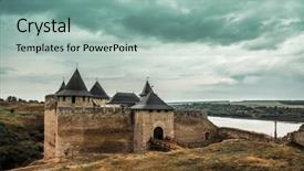  Presentation with rainy day - Slides with scenic view on ukrainian khotyn fortress on a rainy day background and a mint green colored foreground