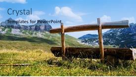  Presentation with sunny sky - Presentation theme enhanced with scenic-wooden-bench-in-mountains background and a light blue colored foreground