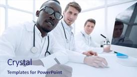  Presentation with scientist - Colorful slides enhanced with papper scientific - group of scientist working backdrop and a sky blue colored foreground