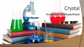  Presentation with flasks - Amazing presentation design having papper scientific - pile of books flasks microscope backdrop and a  colored foreground