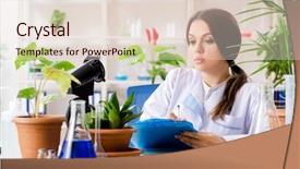  Presentation with biotechnology lab - Audience pleasing presentation design consisting of scentific reporting - young beautiful biotechnology chemist working backdrop and a lemonade colored foreground