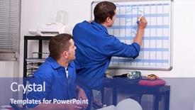  Presentation with writing - Audience pleasing slides consisting of schedule - manual workers writing backdrop and a ocean colored foreground