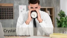  Presentation with alarm - Audience pleasing PPT theme consisting of schedule waste management - handsome manager with alarm clock backdrop and a  colored foreground