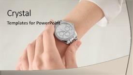  Presentation with electronic watch - Colorful PPT theme enhanced with schedule waste management - manager looking at her watch backdrop and a soft green colored foreground