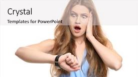  Presentation with electronic watch - Slides enhanced with schedule waste management - shocked manager looking at her background and a lemonade colored foreground