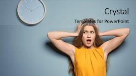  Presentation with clock - Theme consisting of schedule waste management - shocked manager near wall background and a light blue colored foreground