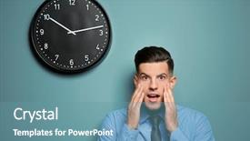  Presentation with clock - Presentation design featuring schedule waste management - shocked manager near wall background and a teal colored foreground