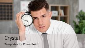  Presentation with waste management - PPT theme enhanced with schedule waste management - tired manager holding alarm clock background and a  colored foreground