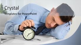  Presentation with tired - Presentation design consisting of schedule waste management - tired manager with alarm clock background and a light blue colored foreground