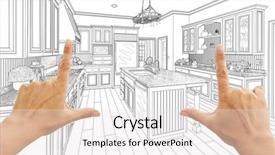  Presentation with kitchen design - Presentation theme featuring schematic diagram - female hands framing custom kitchen background and a white colored foreground