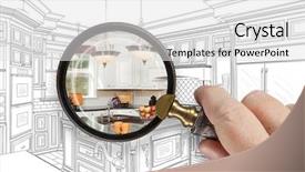  Presentation with kitchen design - Theme with schematic diagram - hand holding magnifying glass revealing background and a white colored foreground