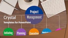  Presentation with office management - Slide deck enhanced with scheme of project management background and a violet colored foreground