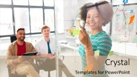  Presentation with african american startup - Slide set enhanced with schemes - business startup planning and people background and a coral colored foreground