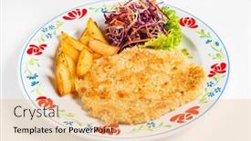  Presentation with fried foods - Audience pleasing slide set consisting of schnitzel and fried potatoes on plate backdrop and a yellow colored foreground