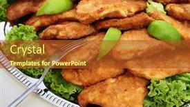  Presentation with dinner - Presentation theme featuring schnitzel served - delicious dinner and vegetable background and a red colored foreground