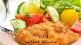  Presentation with lettuce - Cool new theme with schnitzel with potatoes tomatoes cucumber lettuce and fresh dill and chive home made food concept for a tasty and hearty meal close up backdrop and a gold colored foreground